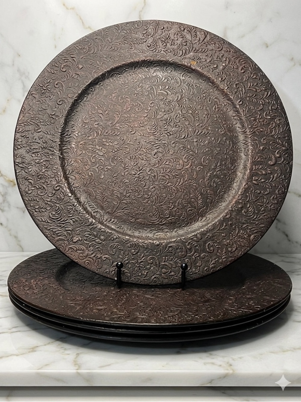 Set Of 4 Vintage Dark Brown embossed charger plates